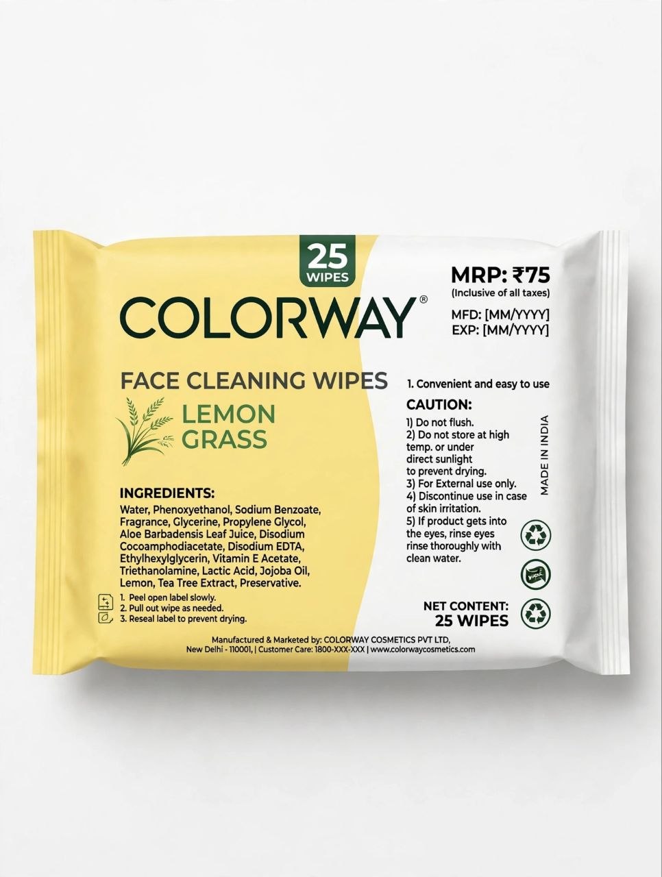 Colorway Face Cleaning Wipes - LEMON GRASS | Refreshing & Soothing | Suitable For All Skin | 25 Wipes